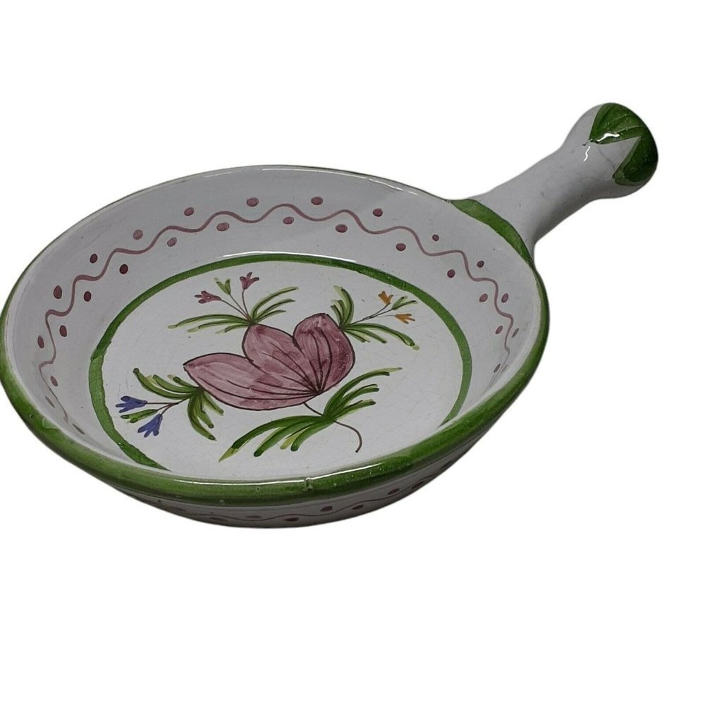 VTG Glazed Pottery Terracotta Clay Algarve Portugal Bowl w/ handle Tulip Flower